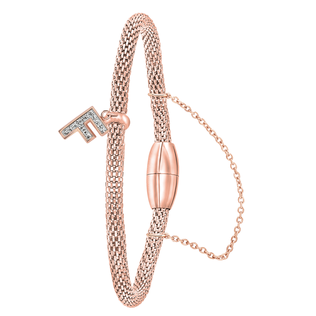 Gerecycleerd stainless steel armband mesh roseplated letter met kristal