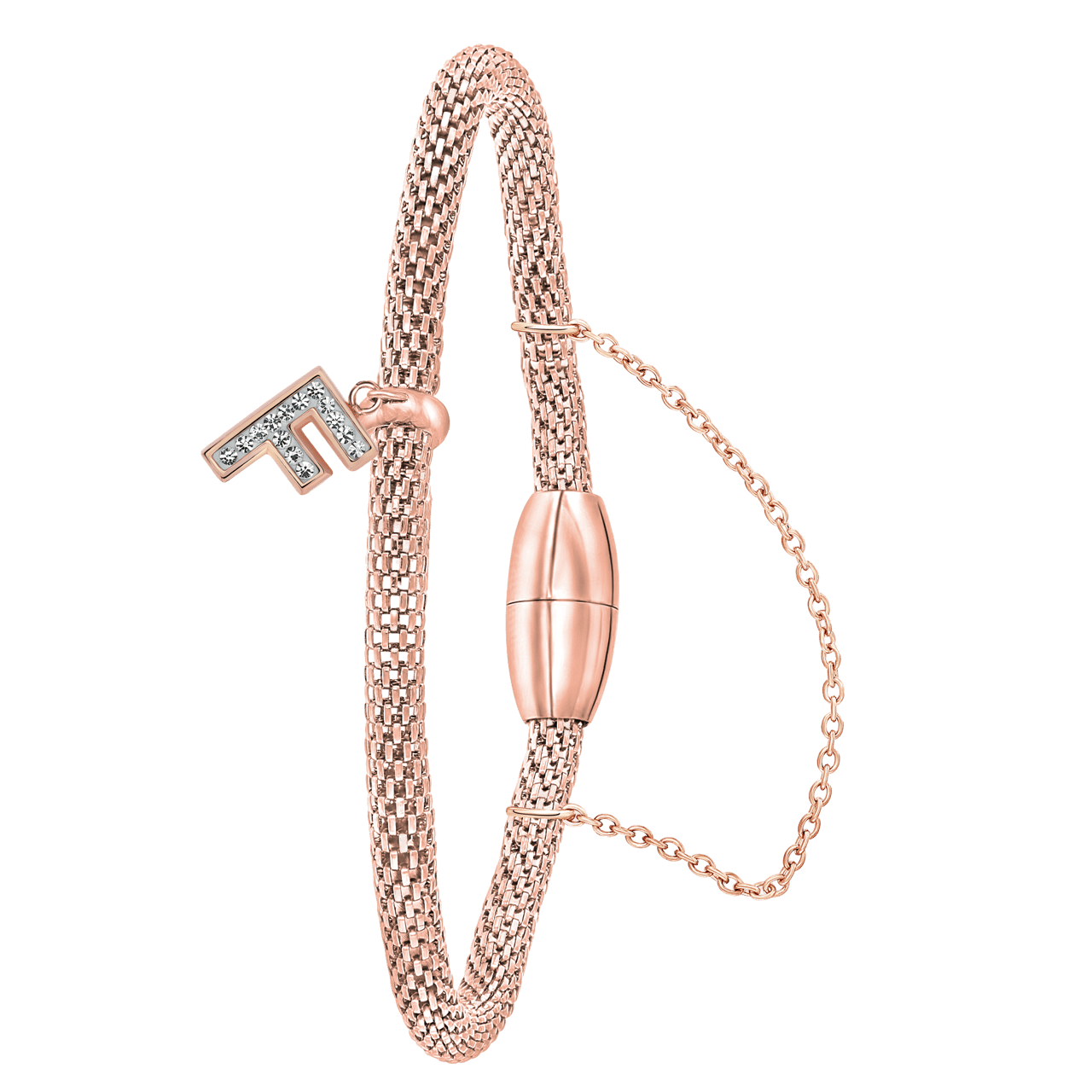 Gerecycleerd stalen armband mesh roseplated letter met kristal