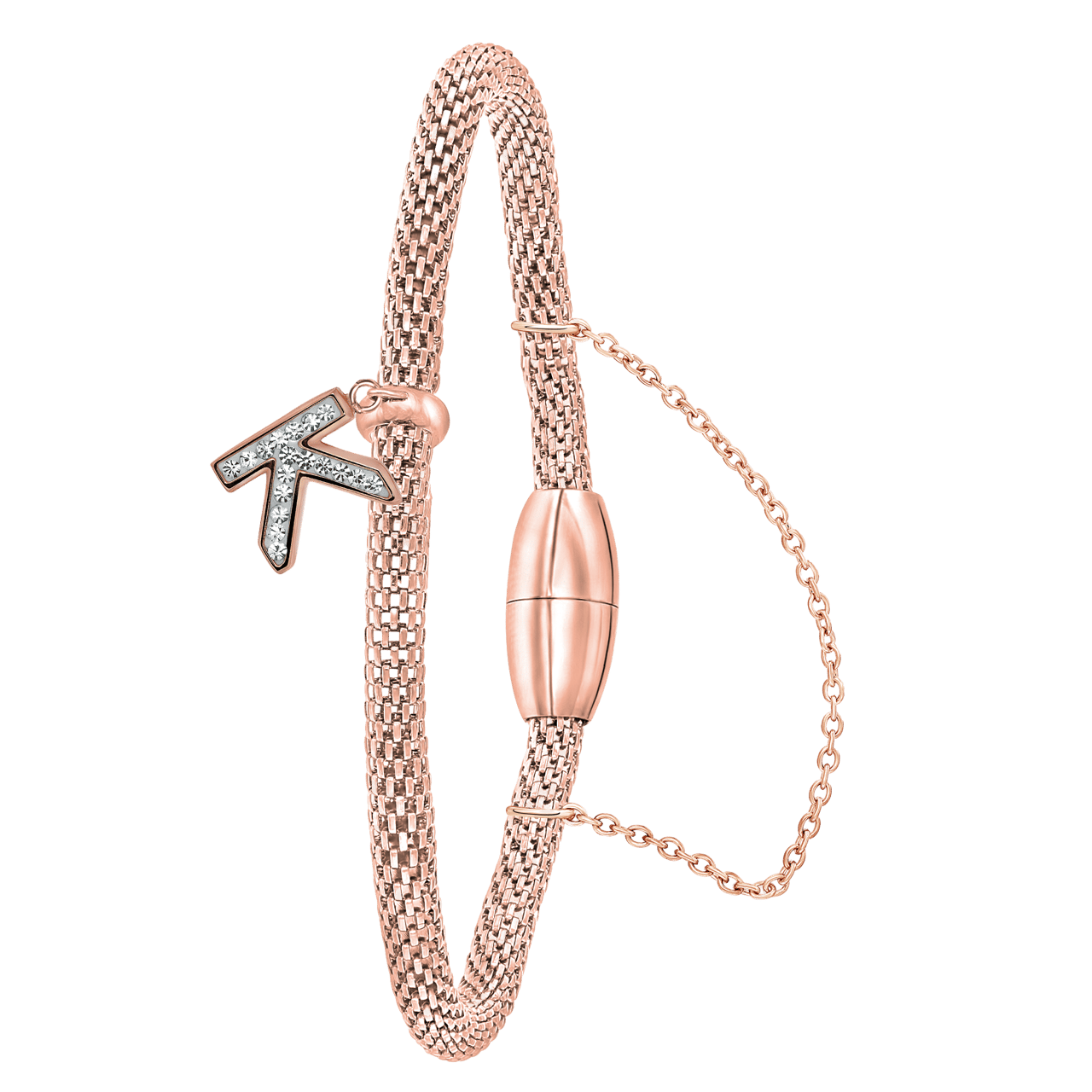 Gerecycleerd stainless steel armband mesh roseplated letter met kristal