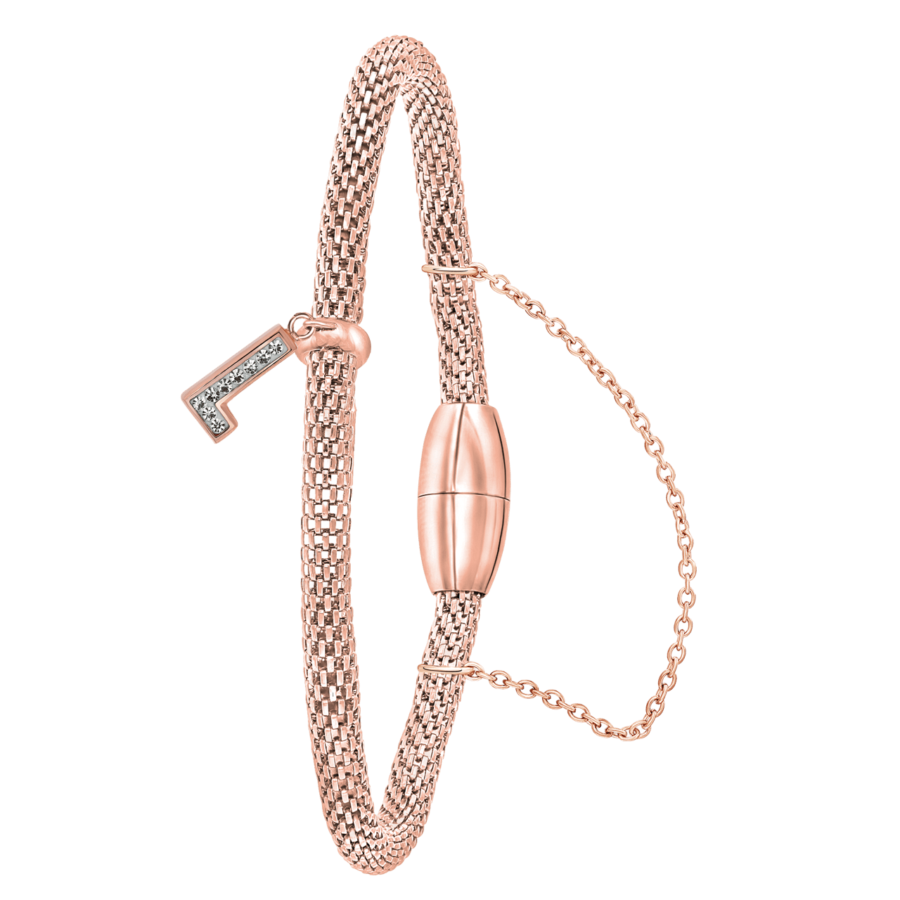 Gerecycleerd stainless steel armband mesh roseplated letter met kristal