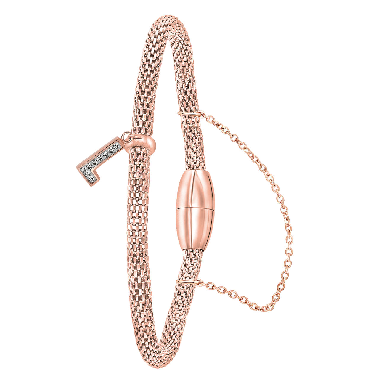 Gerecycleerd stalen armband mesh roseplated letter met kristal