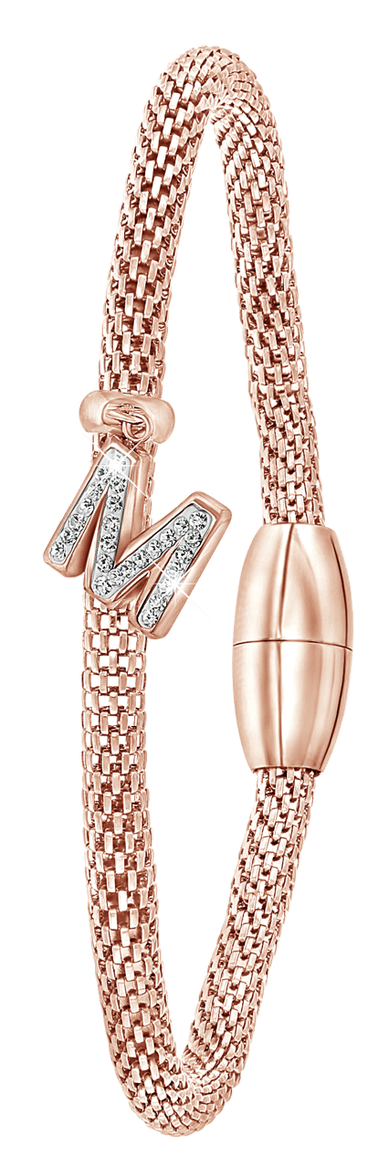 Stainless steel roséplated fantasiearmband met letterhanger en kristal voor dames