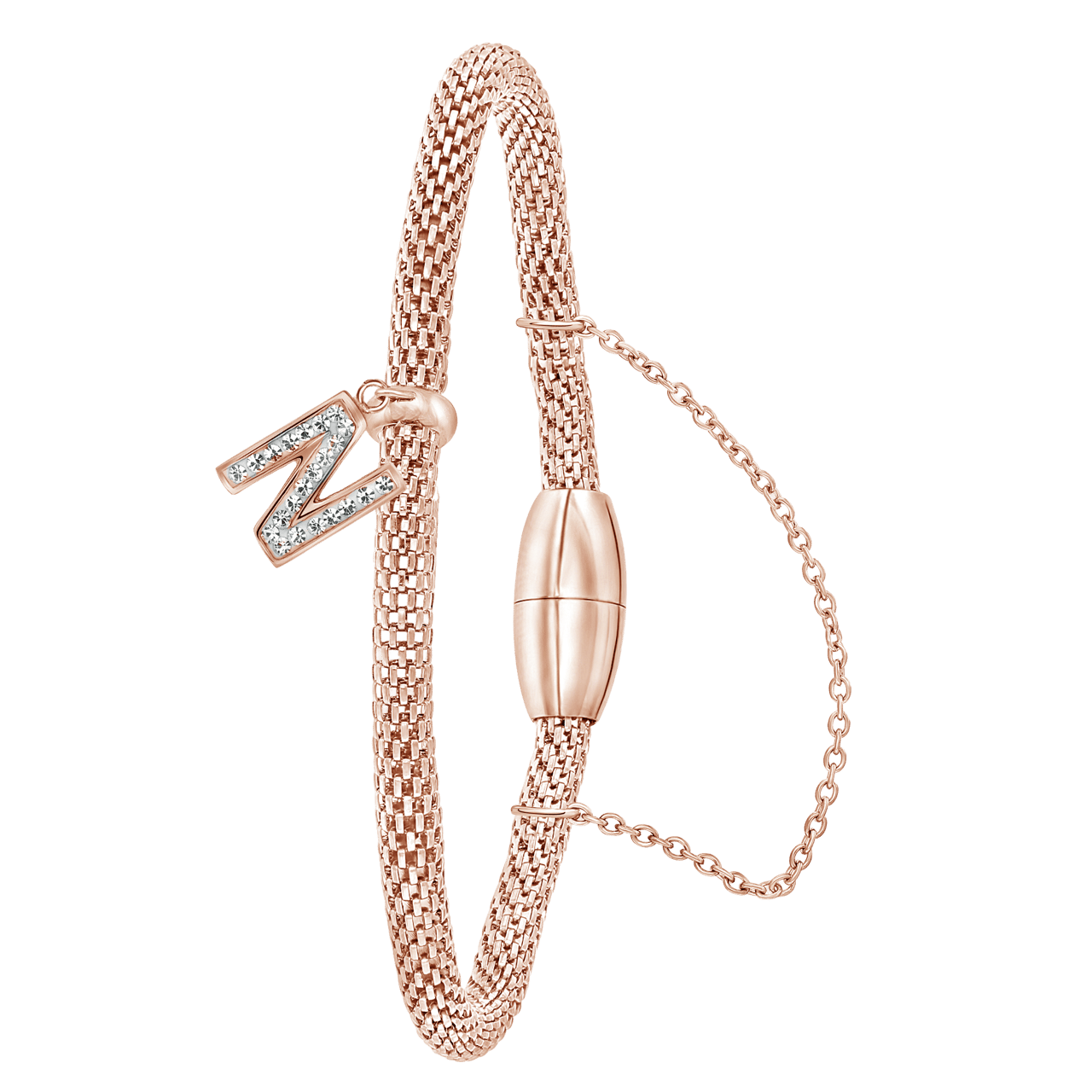 Gerecycleerd stainless steel armband mesh roseplated letter met kristal