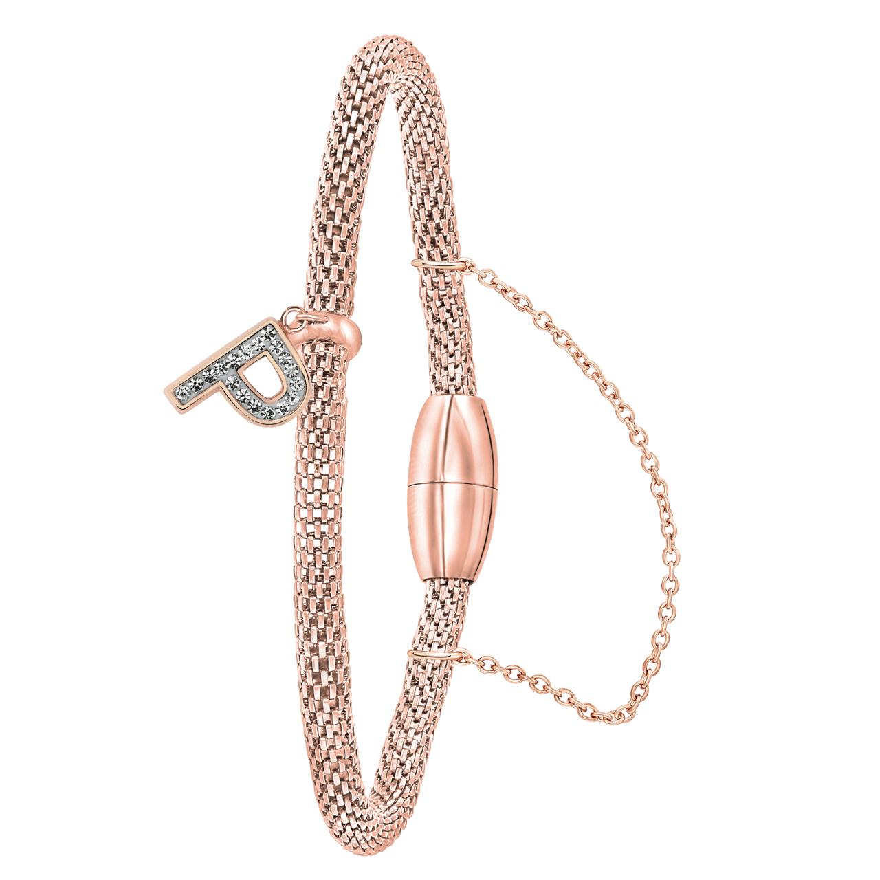 Gerecycleerd stainless steel armband mesh roseplated letter met kristal