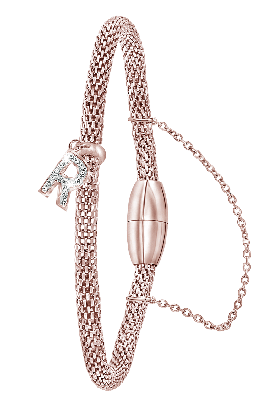 Gerecycled stalen armband mesh roseplated letter met kristal