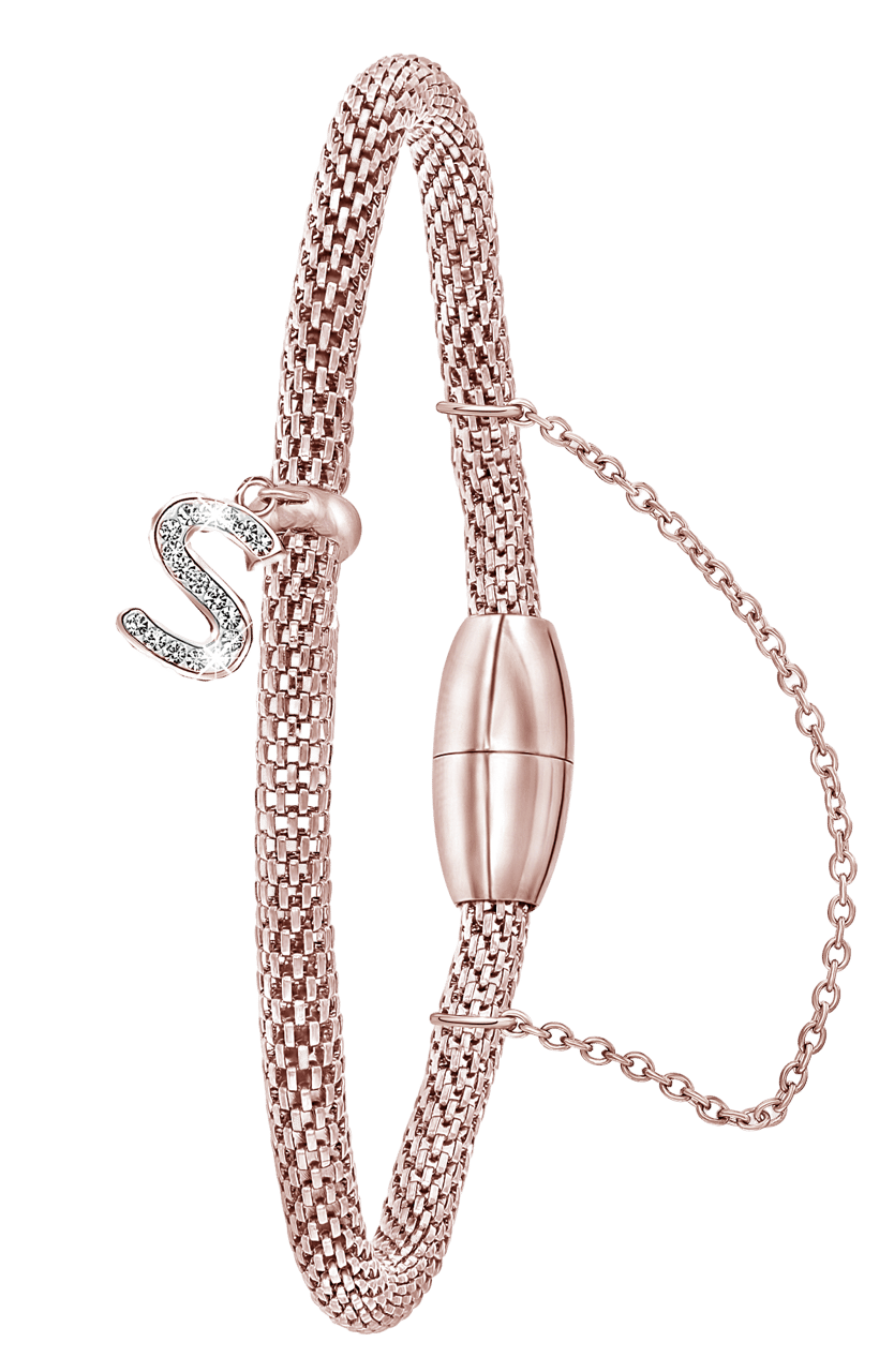 Gerecycleerd stainless steel armband mesh roseplated letter met kristal