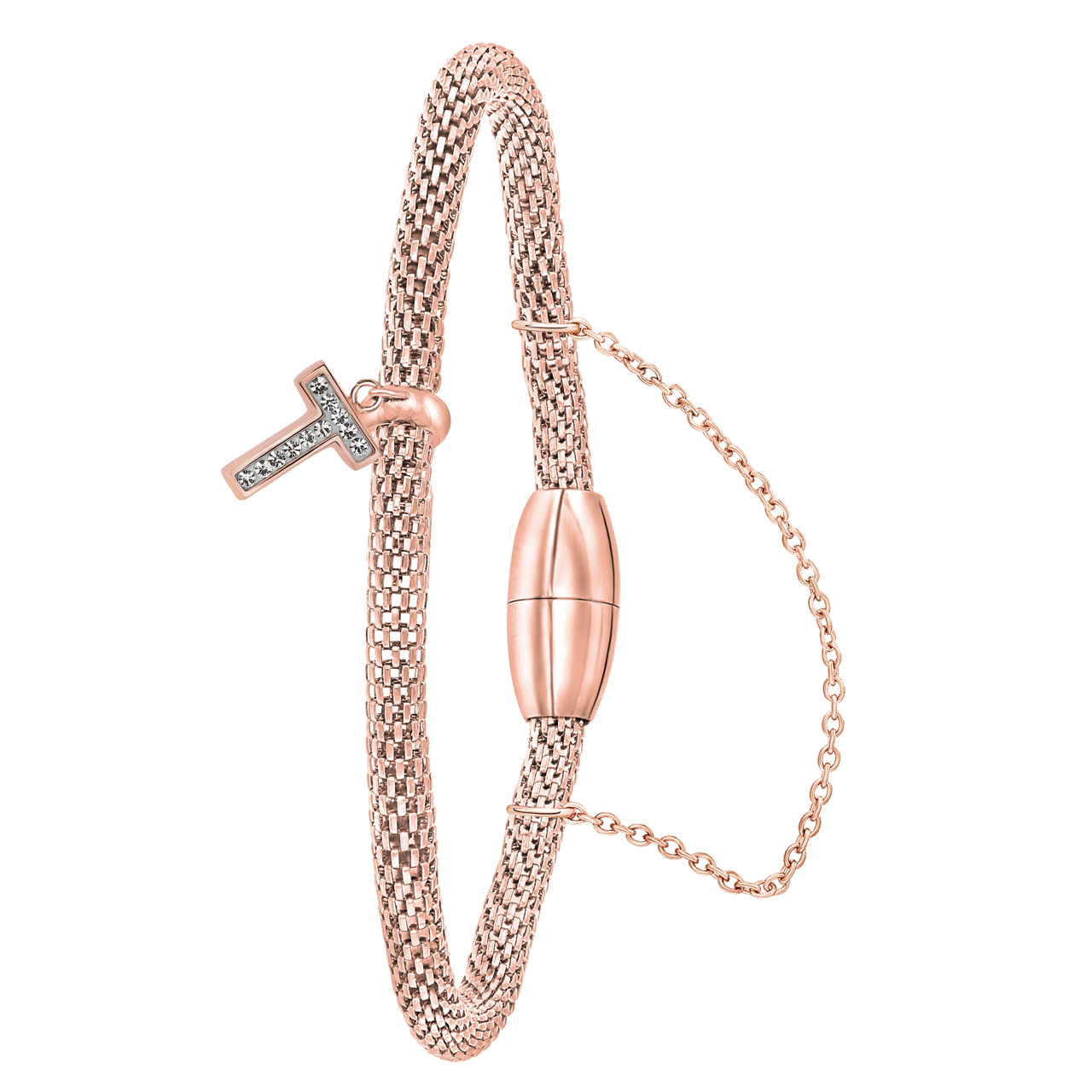 Gerecycleerd stainless steel armband mesh roseplated letter met kristal