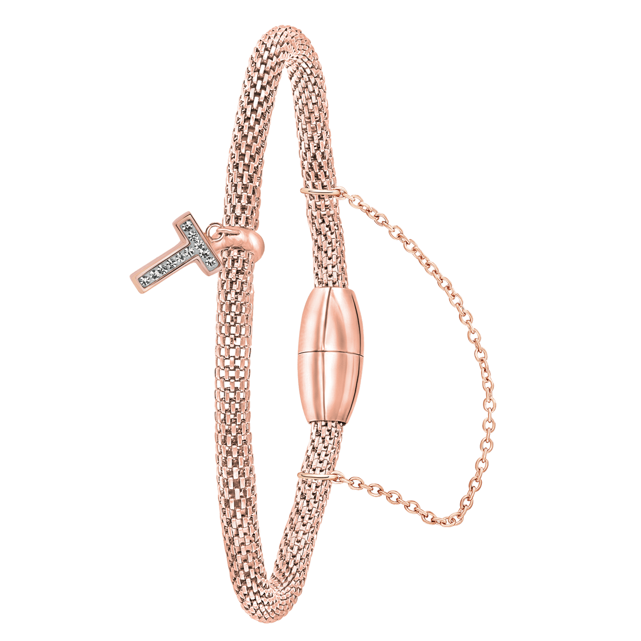 Gerecycleerd stalen armband mesh roseplated letter met kristal