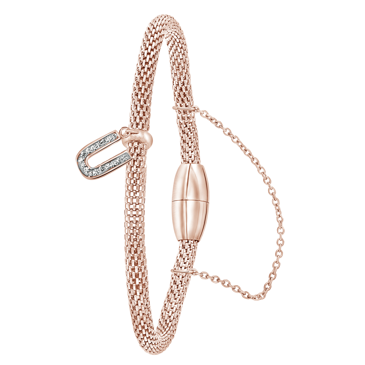 Gerecycleerd stainless steel armband mesh roseplated letter met kristal
