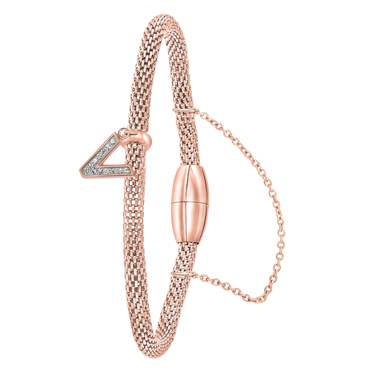 Gerecycleerd stainless steel armband mesh roseplated letter met kristal
