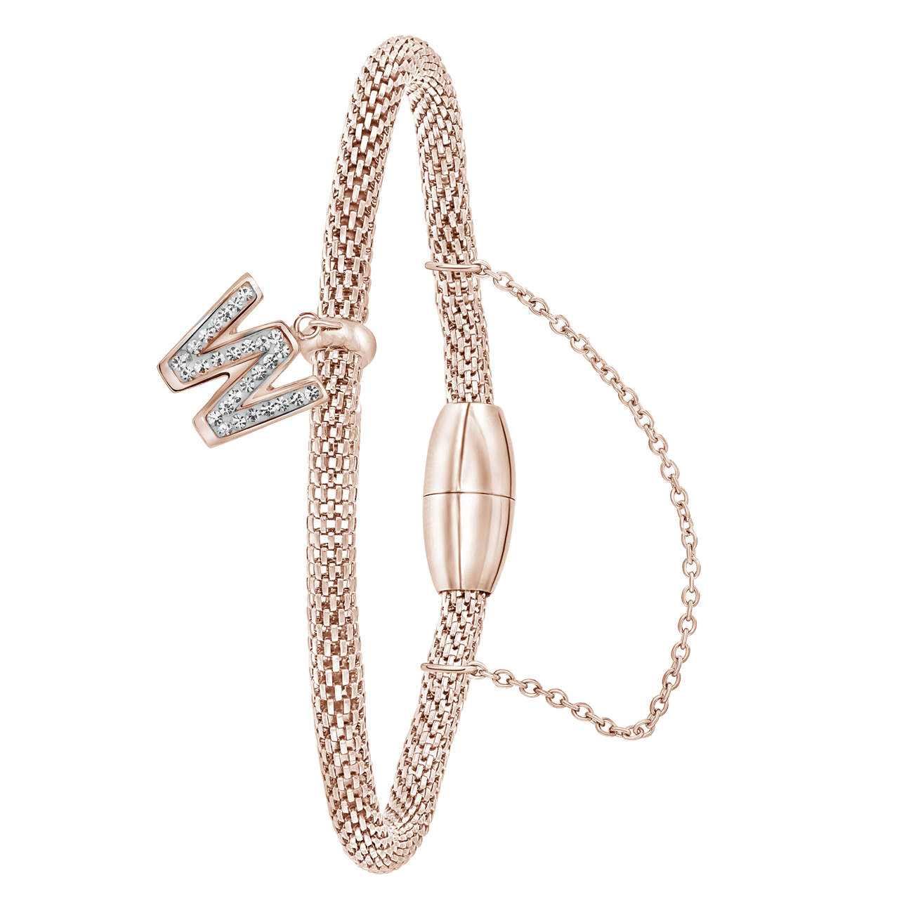 Gerecycleerd stainless steel armband mesh roseplated letter met kristal