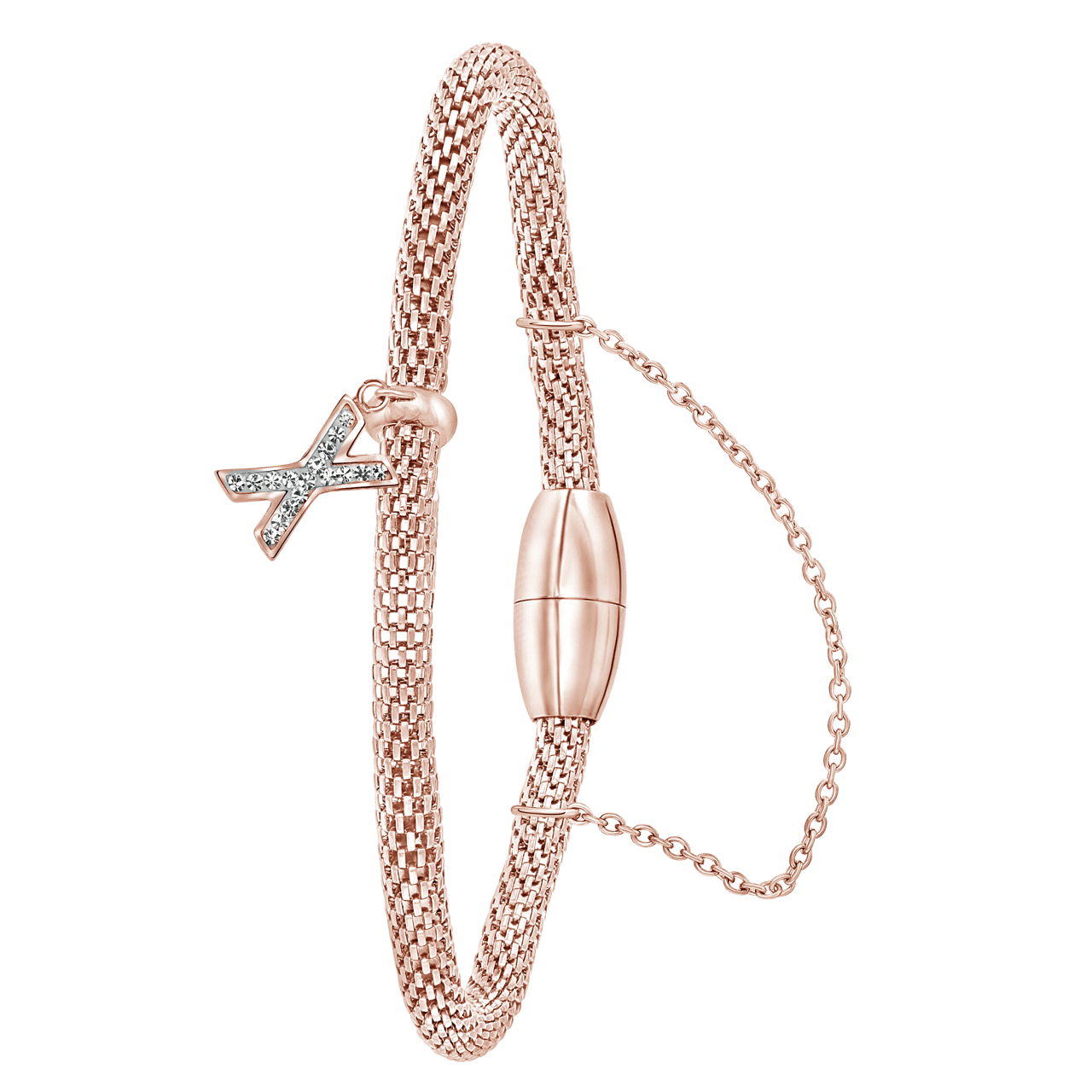 Gerecycleerd stainless steel armband mesh roseplated letter met kristal