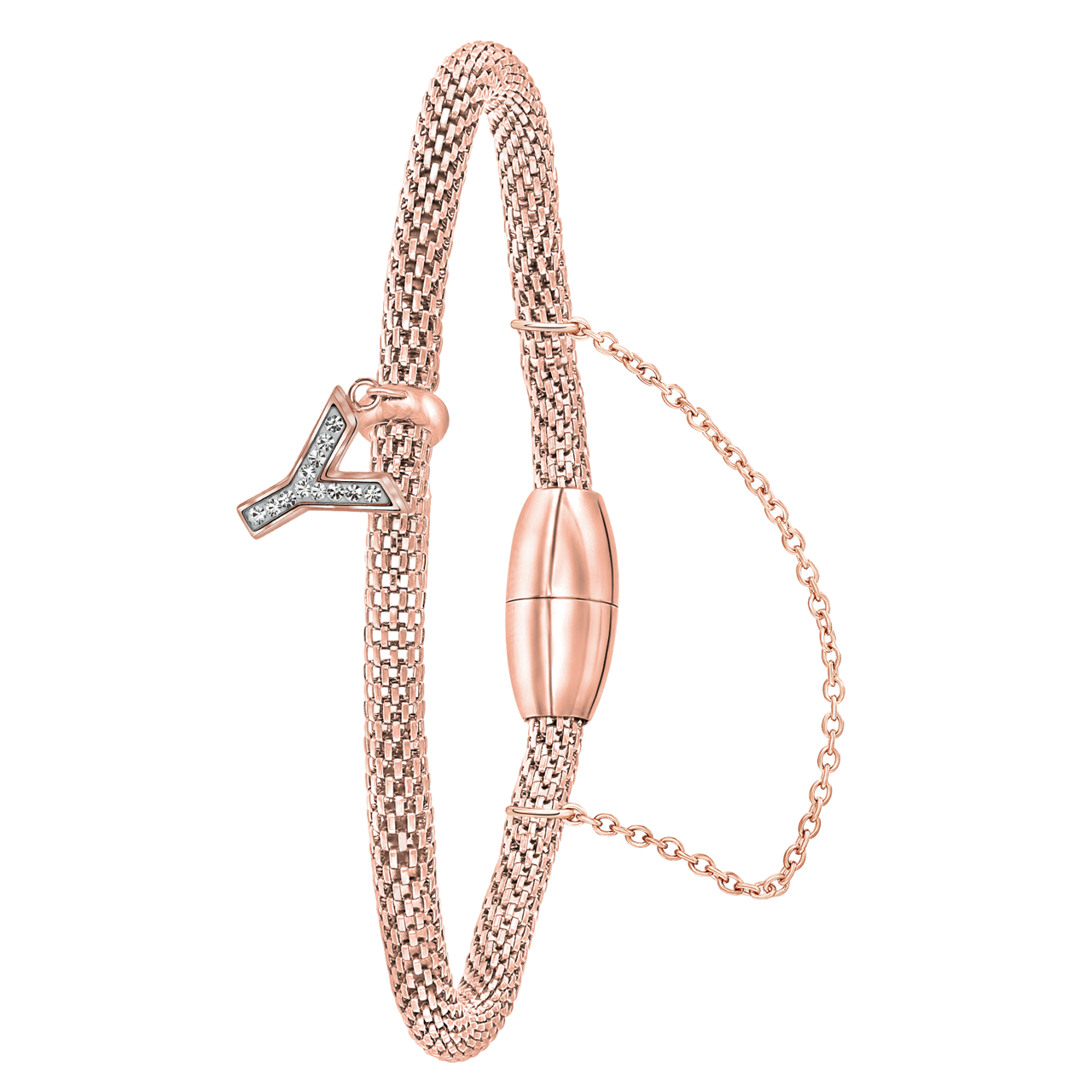 Gerecycleerd stainless steel armband mesh roseplated letter met kristal