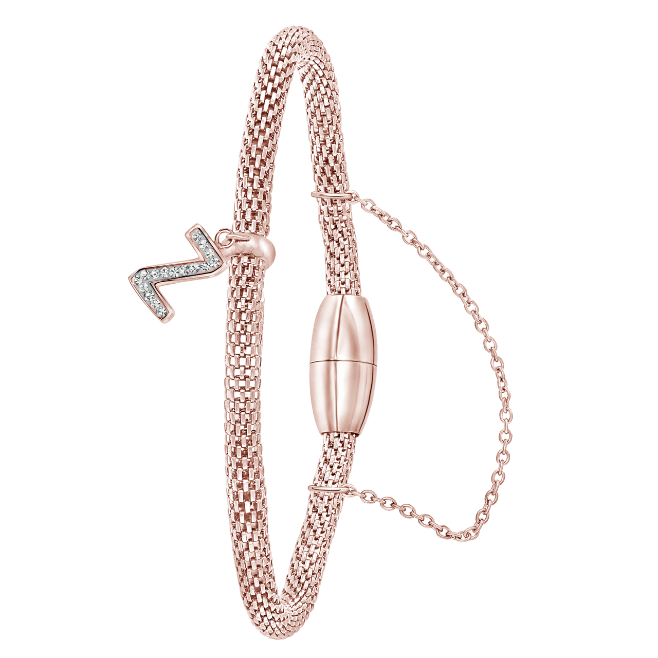 Gerecycleerd stainless steel armband mesh roseplated letter met kristal