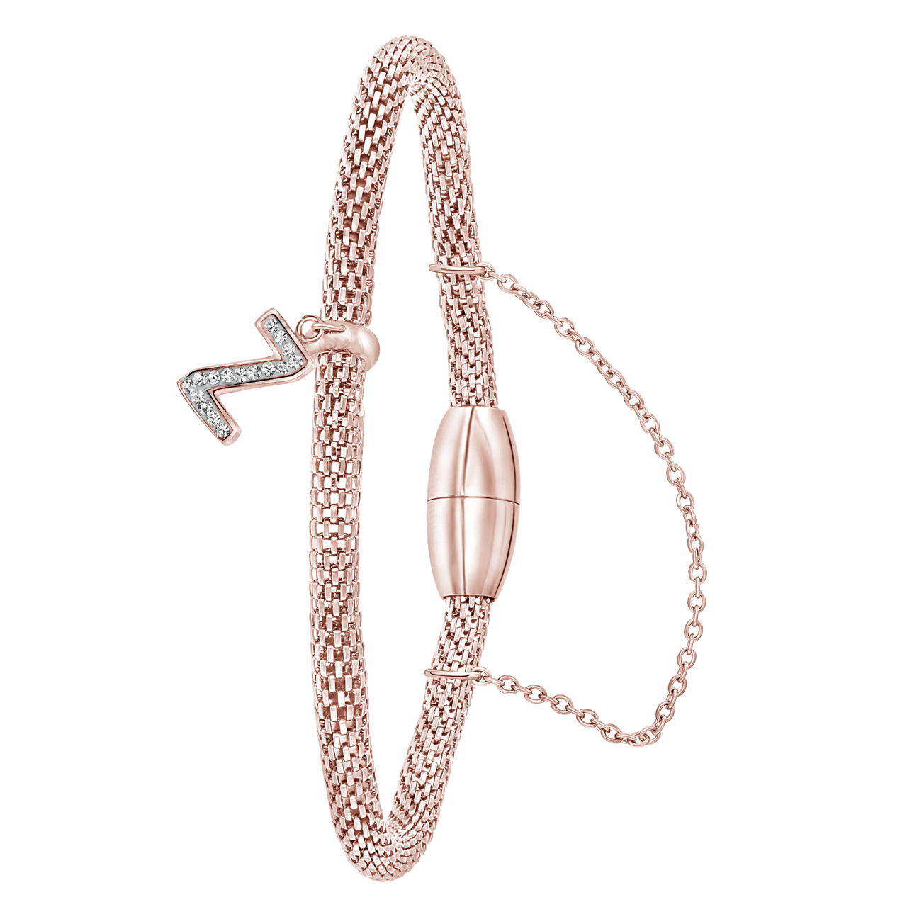 Gerecycleerd stalen armband mesh roseplated letter met kristal