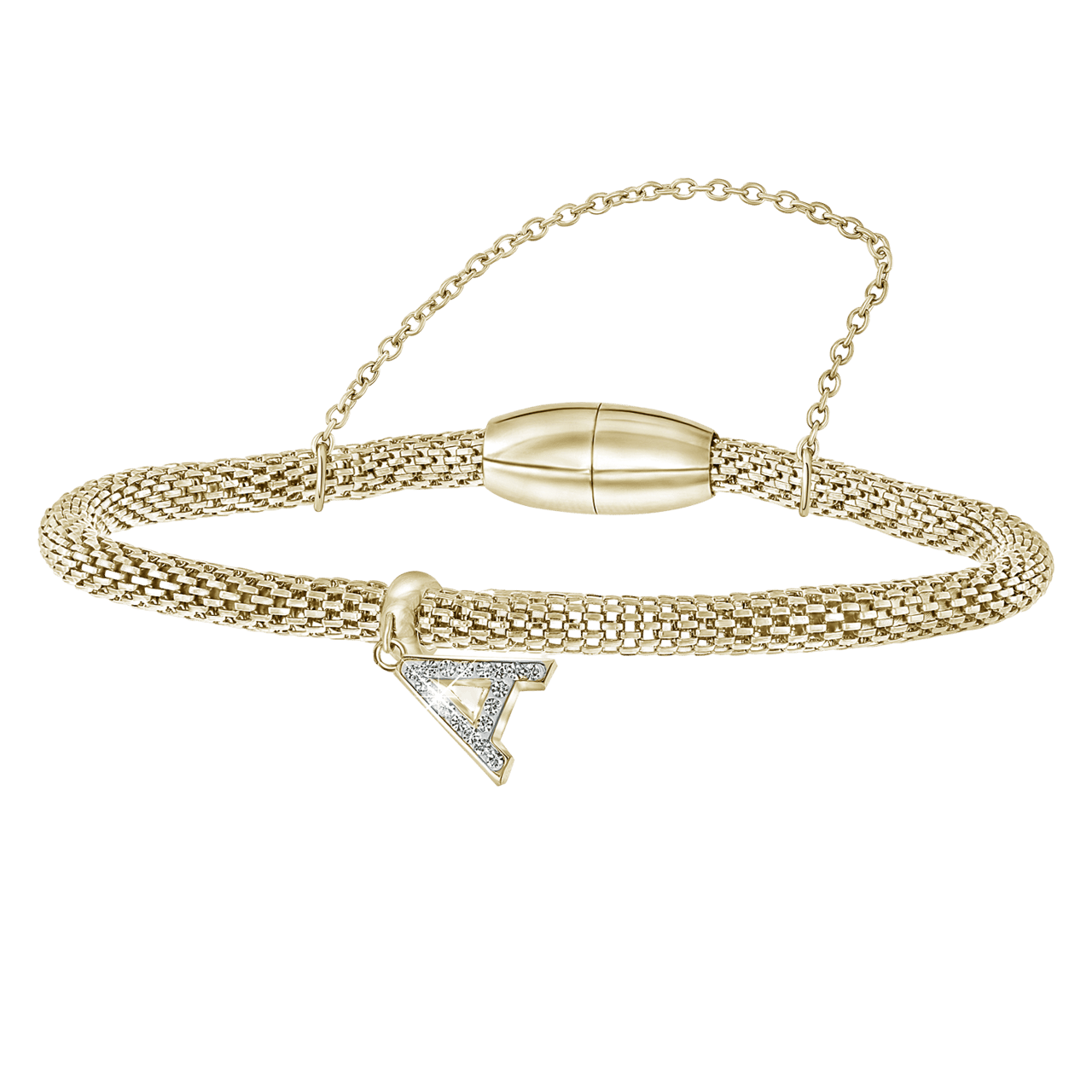 Gerecycleerd stainless steel armband mesh goldplated letter met kristal