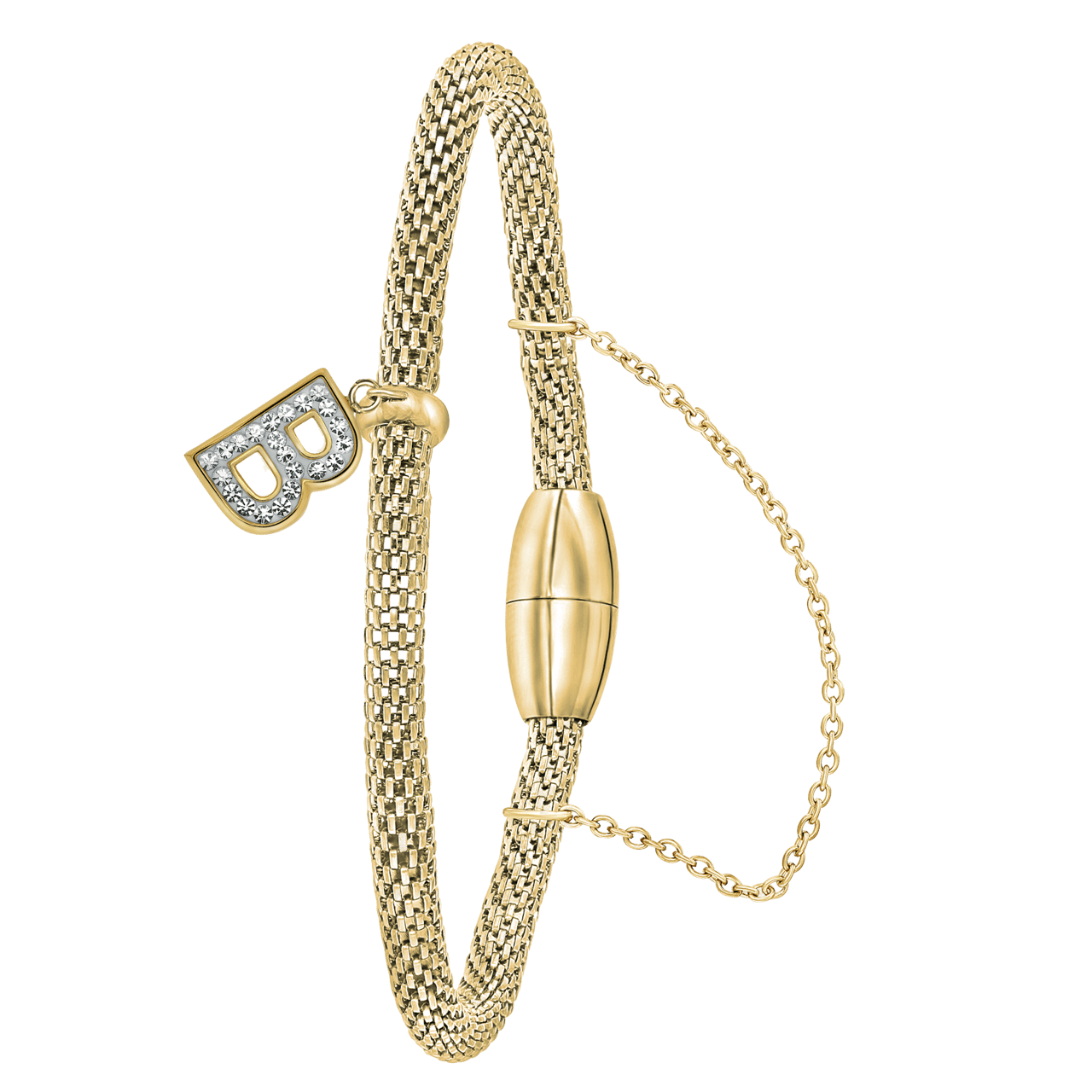 Gerecycleerd stainless steel armband mesh goldplated letter met kristal