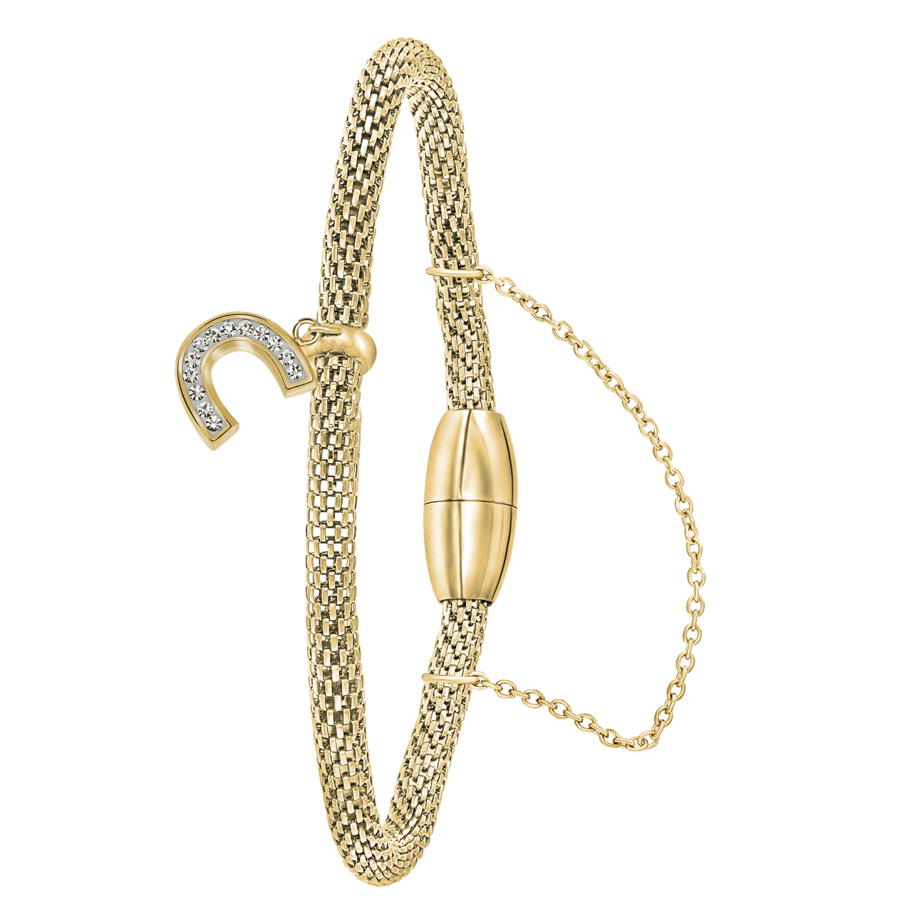 Gerecycleerd stainless steel armband mesh goldplated letter met kristal