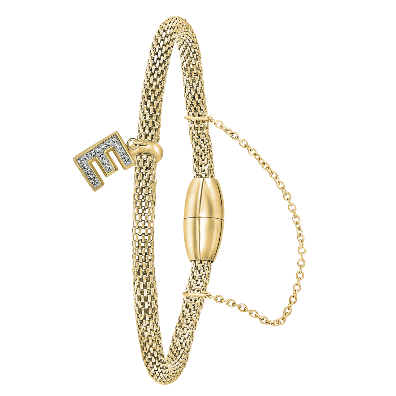 Gerecycleerd stainless steel armband mesh goldplated letter met kristal