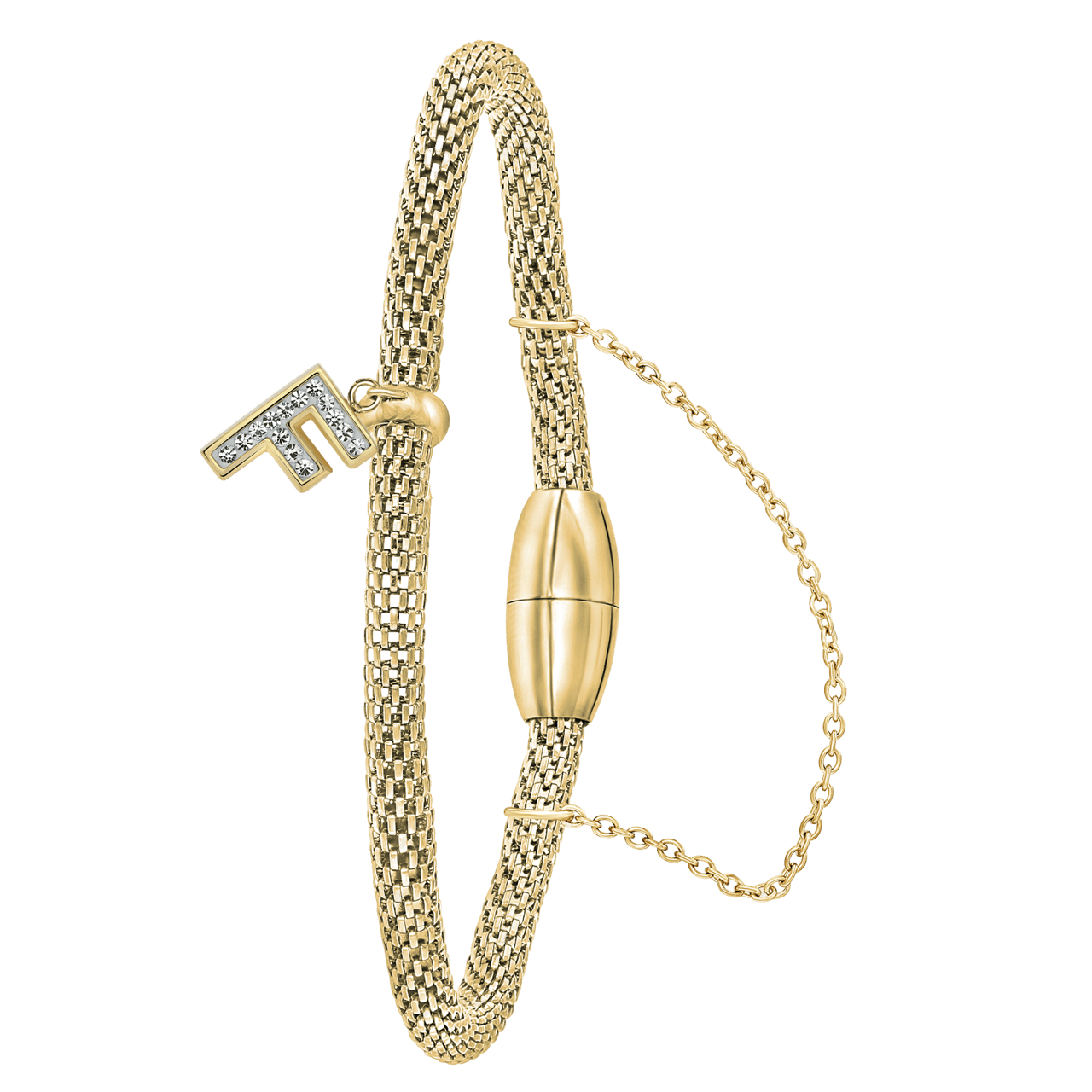 Gerecycleerd stainless steel armband mesh goldplated letter met kristal