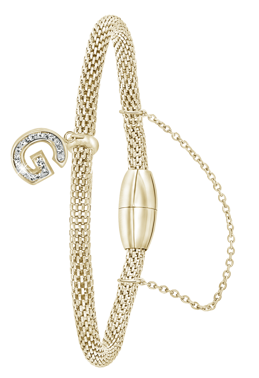 Gerecycleerd stainless steel armband mesh goldplated letter met kristal