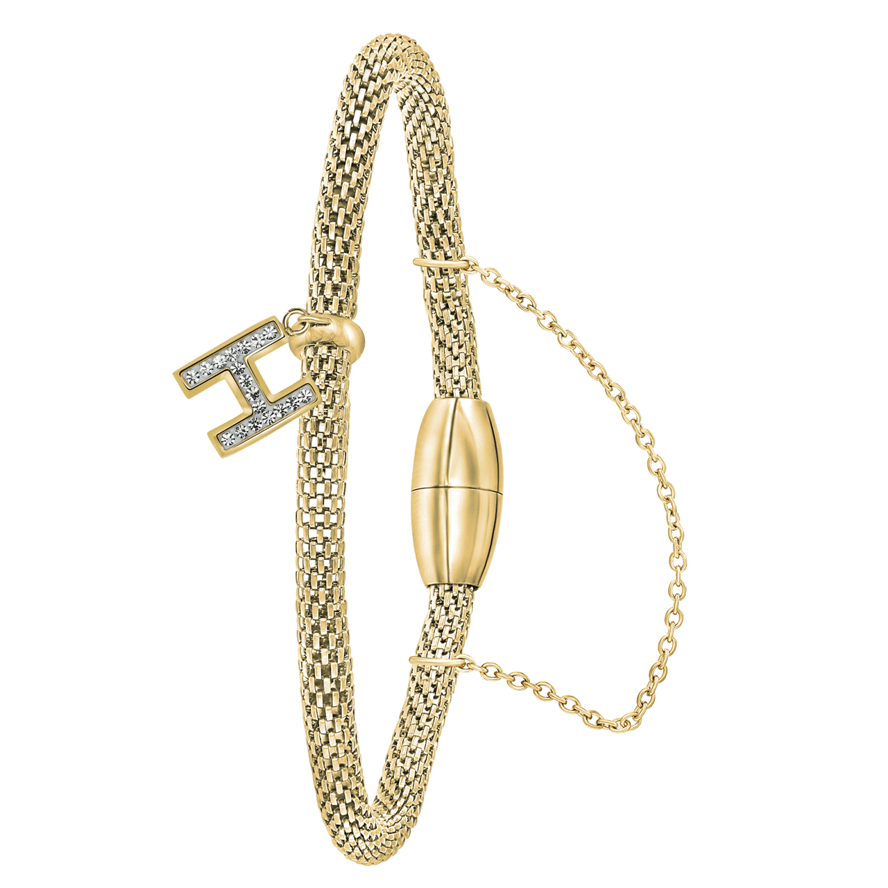 Gerecycled stalen armband mesh goldplated letter met kristal