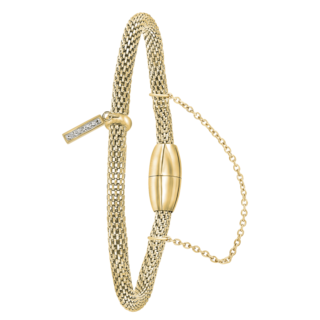 Gerecycleerd stainless steel armband mesh goldplated letter met kristal