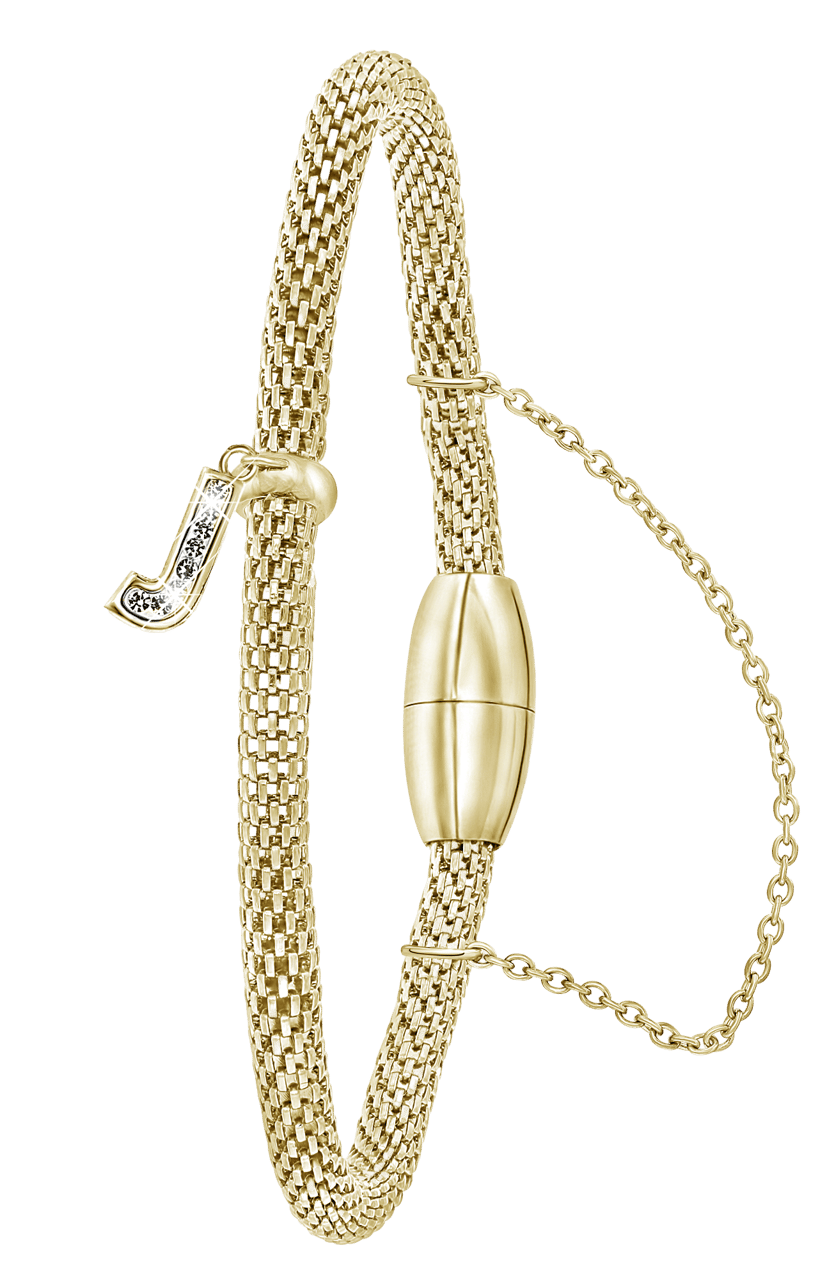 Gerecycleerd stainless steel armband mesh goldplated letter met kristal