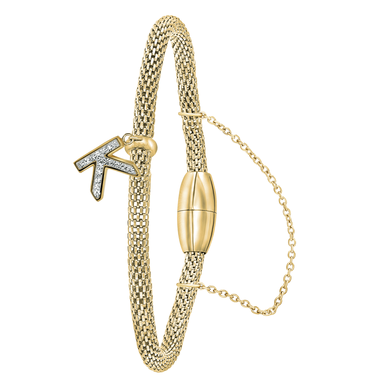 Gerecycled stalen armband mesh goldplated letter met kristal