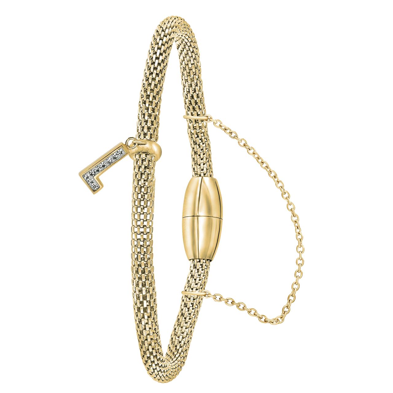 Gerecycled stalen armband mesh goldplated letter met kristal
