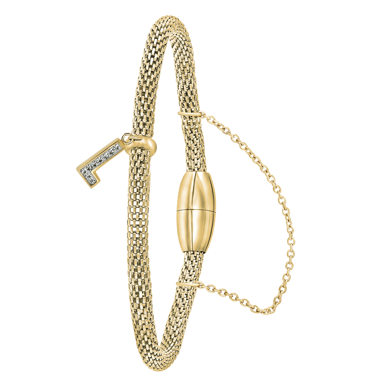 Gerecycleerd stainless steel armband mesh goldplated letter met kristal