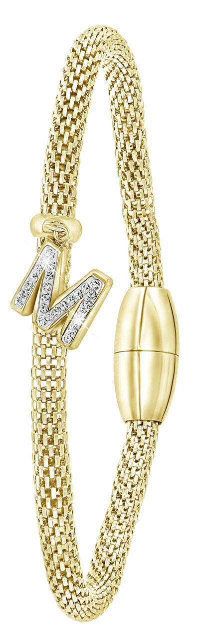 Gerecycleerd stainless steel armband mesh goldplated letter met kristal