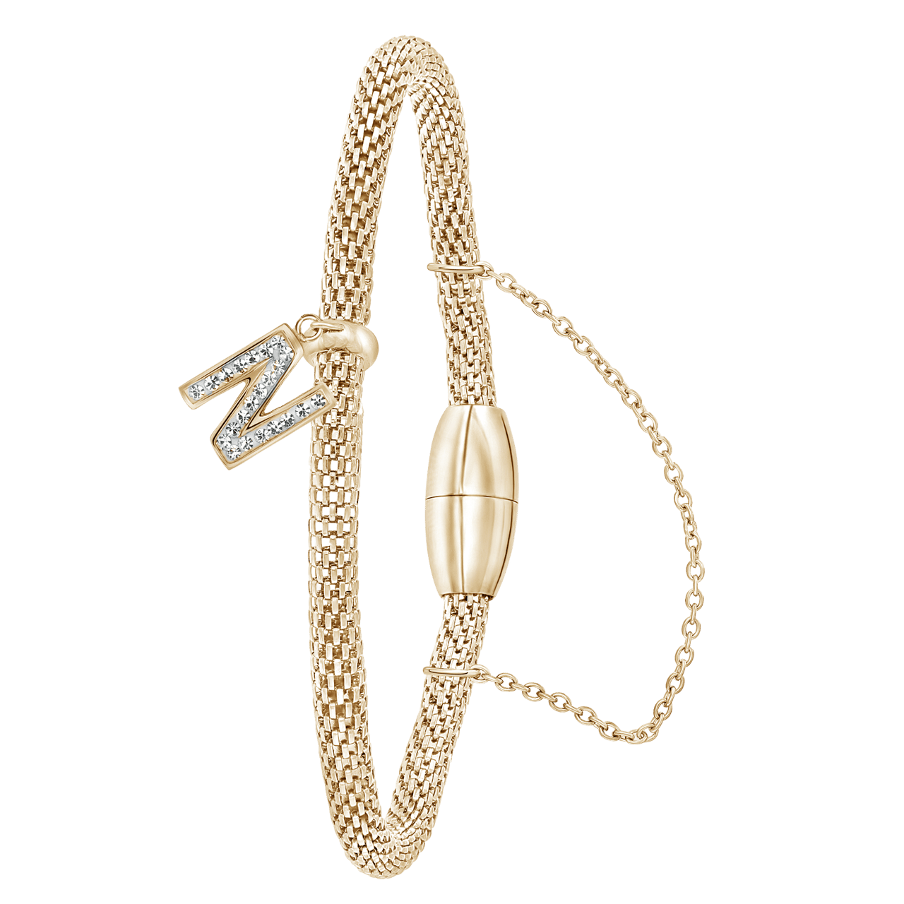 Gerecycleerd stainless steel armband mesh goldplated letter met kristal