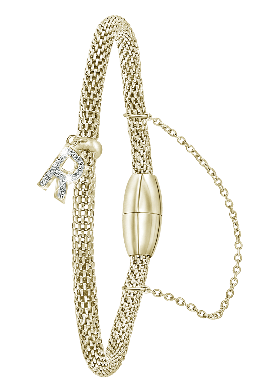 Gerecycleerd stainless steel armband mesh goldplated letter met kristal