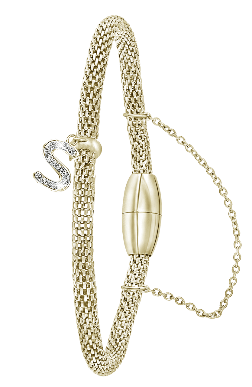 Gerecycleerd stainless steel armband mesh goldplated letter met kristal