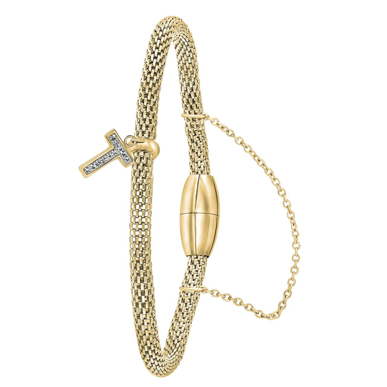 Gerecycleerd stainless steel armband mesh goldplated letter met kristal