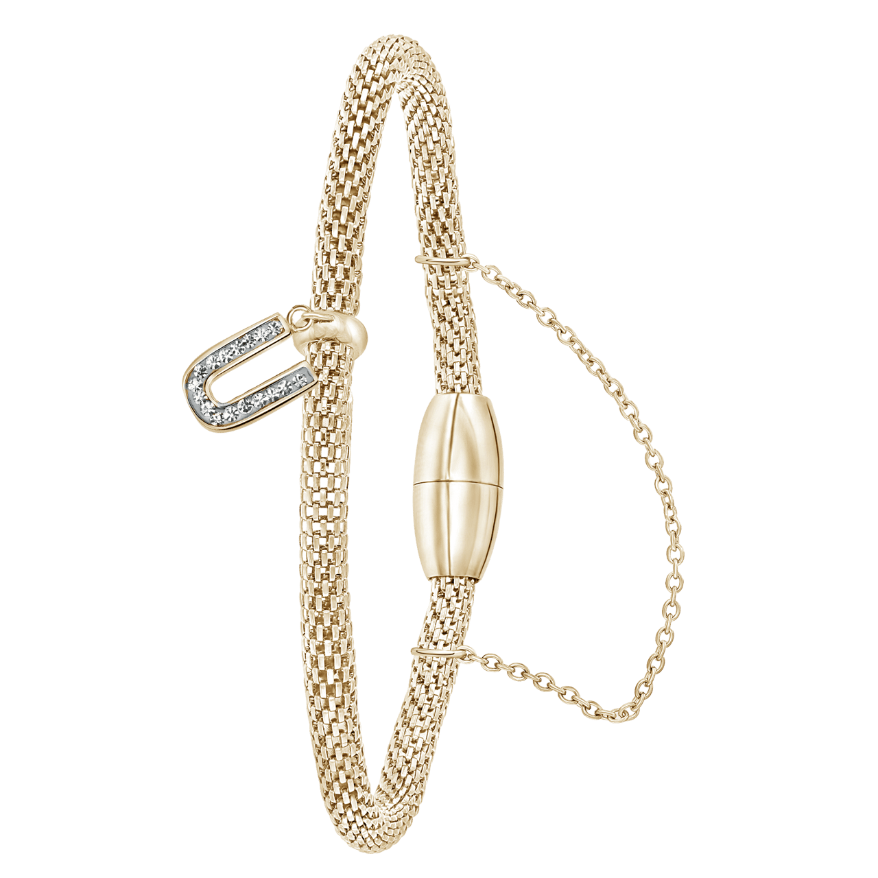 Gerecycled stalen armband mesh goldplated letter met kristal