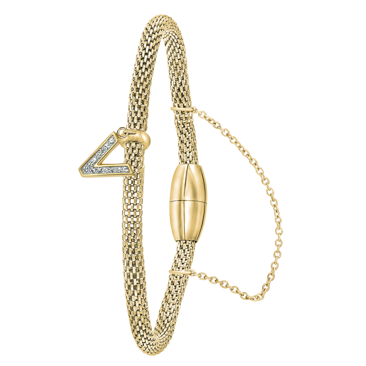 Gerecycleerd stainless steel armband mesh goldplated letter met kristal