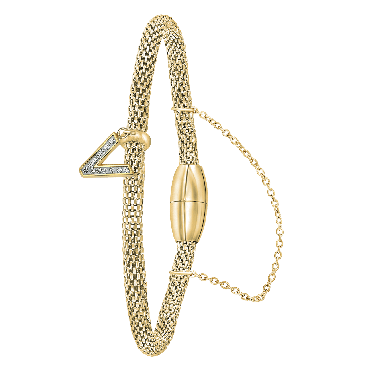 Gerecycleerd stalen armband mesh goldplated letter met kristal