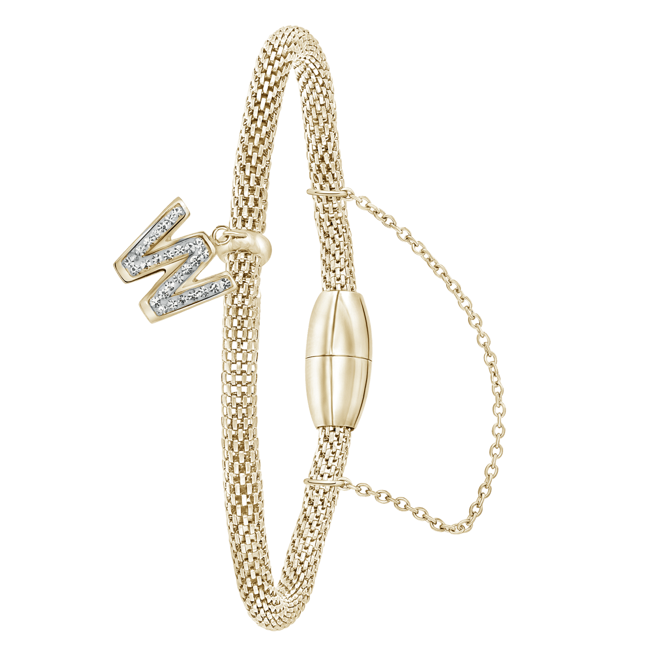 Gerecycleerd stainless steel armband mesh goldplated letter met kristal