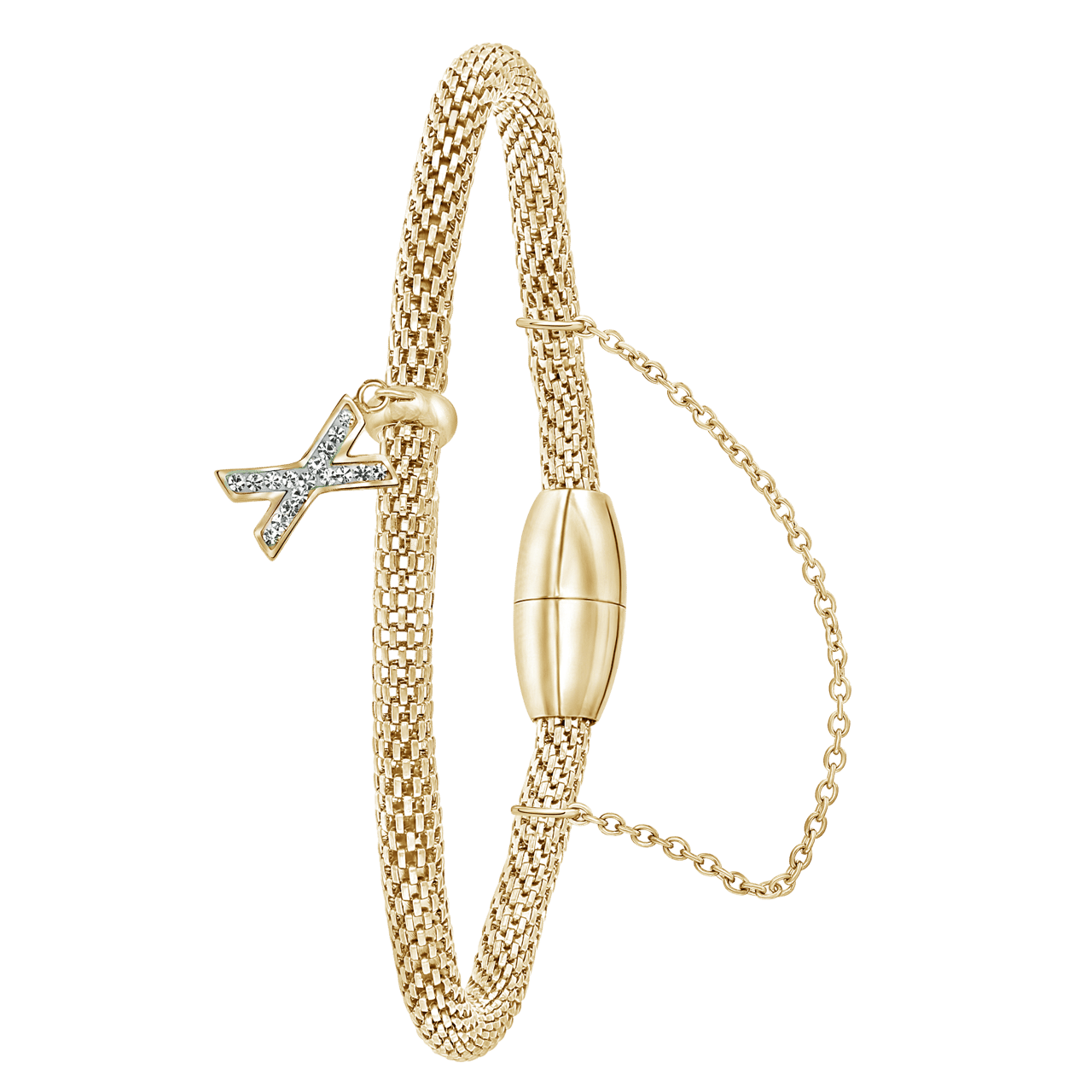 Gerecycled stalen armband mesh goldplated letter met kristal