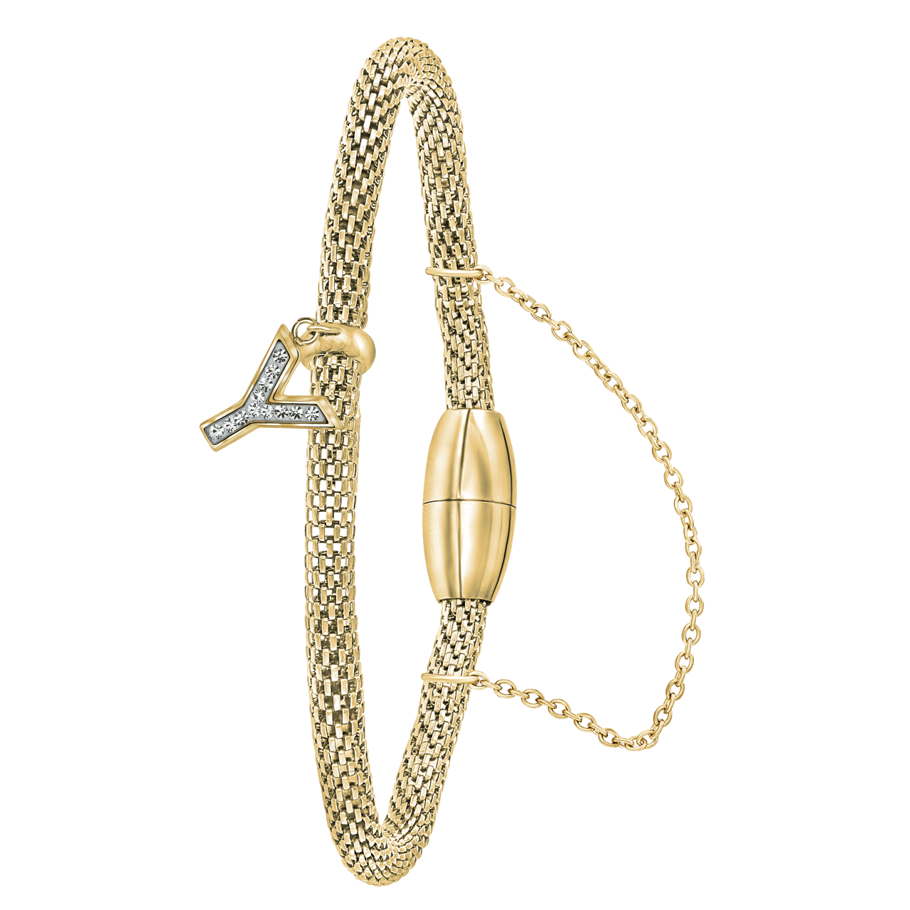 Gerecycleerd stainless steel armband mesh goldplated letter met kristal