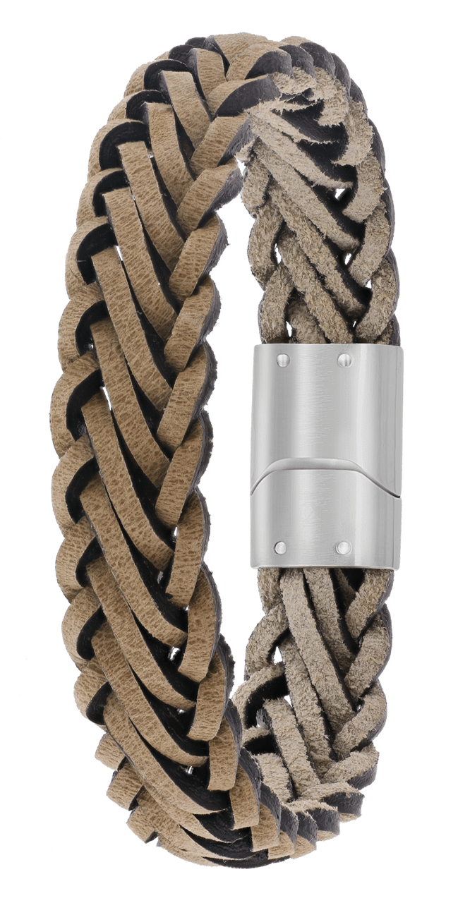 Stainless steel herenarmband gevlochten leer beige