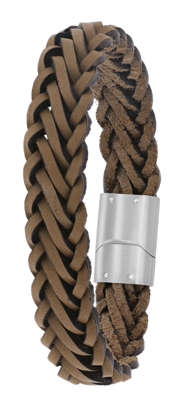 Stainless steel herenarmband gevlochten leer taupe