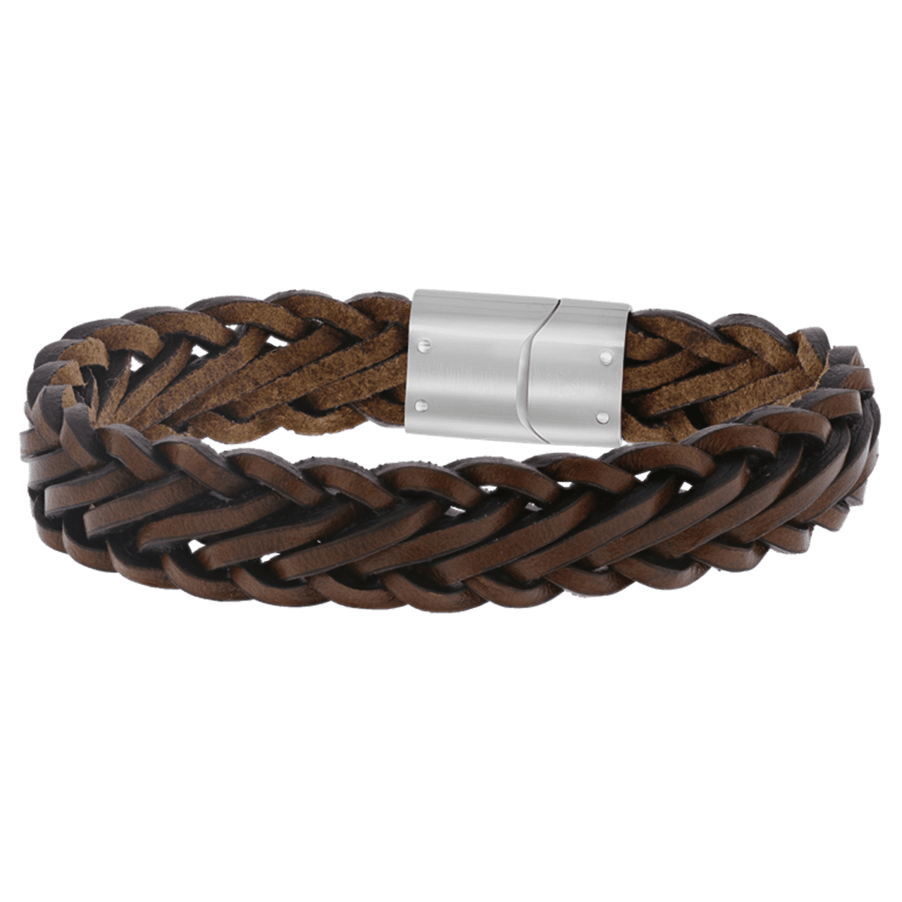 Stainless steel herenarmband gevlochten leer lichtbruin