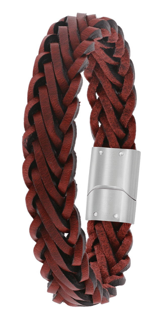 Stainless steel herenarmband gevlochten leer rood