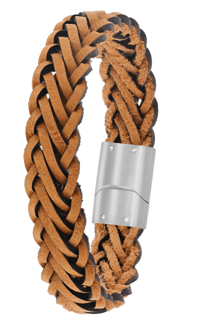 Stainless steel herenarmband gevlochten leer oranje