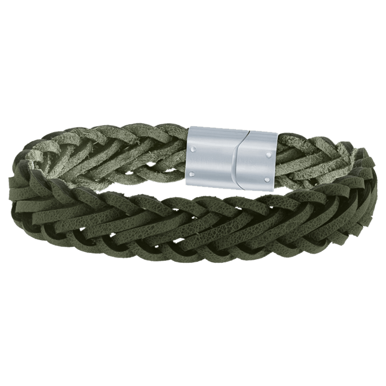 Herrenarmband aus Edelstahl mit geflochtenem, dunkelgrünem Leder