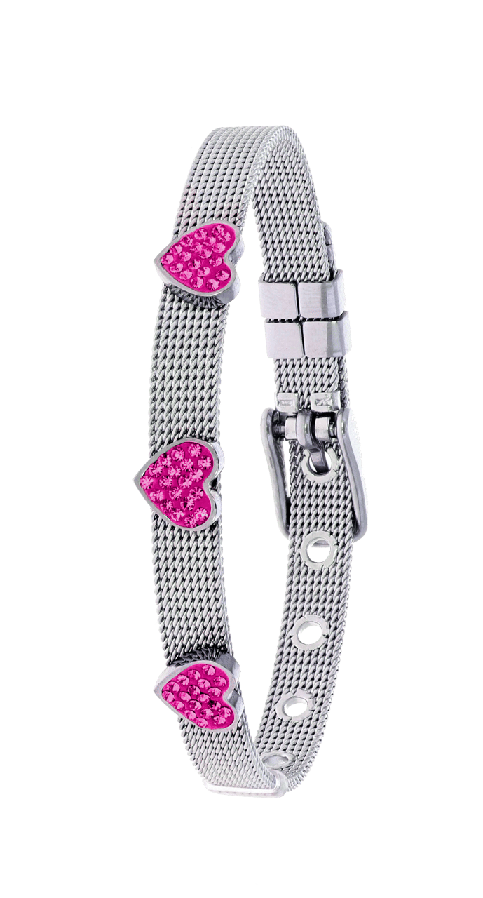 Gerecycleerd stainless steel kinderarmband hart met fuchsia kristal