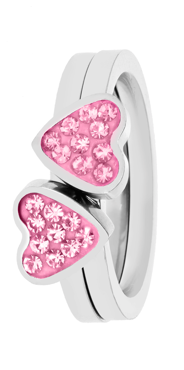 Gerecycleerd stainless steel kinderring 2in1 met licht roze/roze kristal